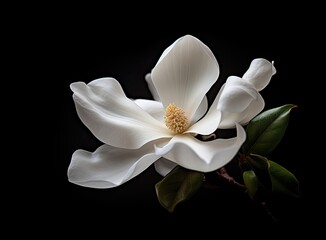 Fototapeta na wymiar beautiful large white magnolia against a background of dark green leaves on a tree in spring day. Created with Generative AI technology.