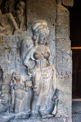 Fototapeta na wymiar River Goddess Parvati sculpture - Exterior of the Rameshwara cave, cave 21, dedicated to Lord Shiva, in Ellora, Maharashtra, India, Asia