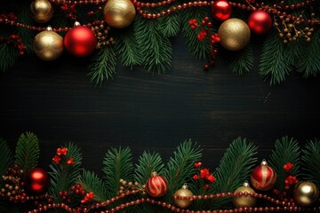 Fototapeta na wymiar shaped Christmas border isolated on wooden background, composed of fresh fir branches and ornaments in red and gold, Generative AI