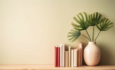 Green Plant in Vase with Books on Bookshelf against White Wall with Copy Space