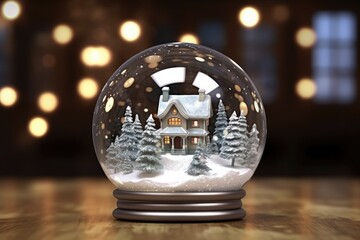 snow globe on wooden table with blurred lights background, Generative AI