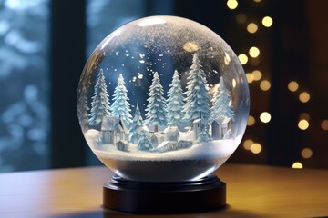 Fototapeta na wymiar snow globe on wooden table with blurred background, Generative AI