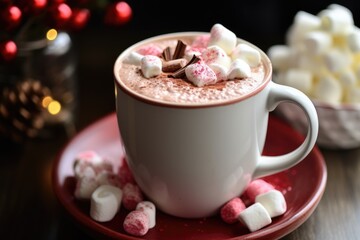 christmas decorated white cup of hot chocolate and marshmallow blurred decorated background, Generative AI