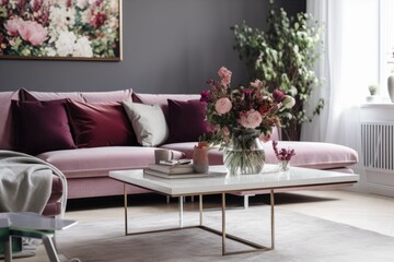 Fashionable coffee table with flowers and a velvet corner sofa with pillows. Generative AI