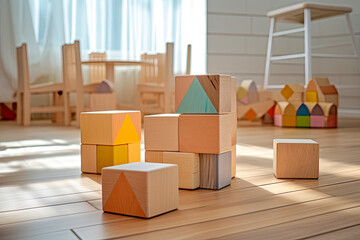 Colorful wooden toy blocks on wooden table in the Children's room.