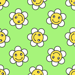 Naklejka premium Smiling chamomiles vector seamless pattern. Best for textile, wallpapers, home decoration, wrapping paper, package and web design.