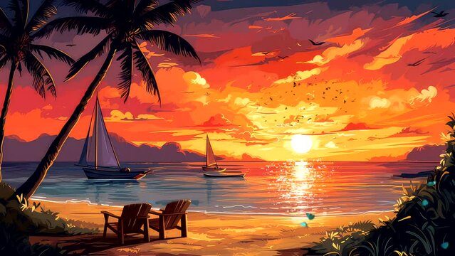 Anime background video of beautiful view sunset beach with bonfire, palm tree, sailboat, cartoon style fantasy,  footage looping scenery 4k quality