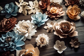 Obraz na płótnie Canvas Decoration of paper flowers on a wooden background. Concept for a lovely wedding ceremony that includes writing. Generative AI