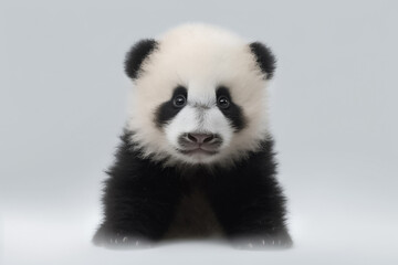 Fototapeta premium On a pristine white background, a baby panda showcases its adorable features, illuminated by studio light. Generative AI.