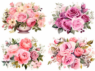 Roses bouquets clipart set on a white background.  Clipart for crafts, invitations, cards and art projects
