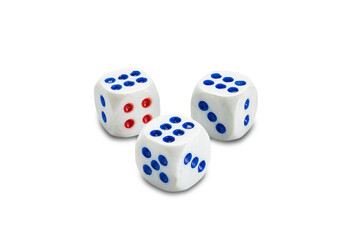 High angle view of three dice isolated on white background with clipping path, closeup, horizontal format.