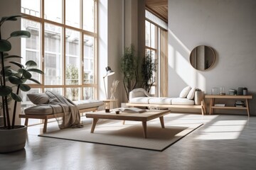 Naklejka na ściany i meble Interior design for a contemporary, light loft with large windows. Generative AI