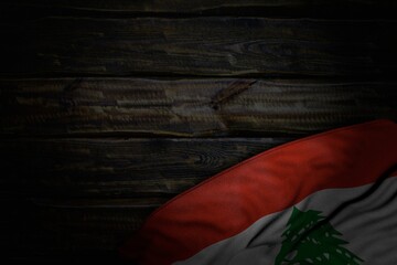 pretty labor day flag 3d illustration. - dark illustration of Lebanon flag with big folds on old wood with free place for your text