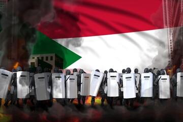 Sudan protest fighting concept, police officers on city street are protecting law against riot - military 3D Illustration on flag background