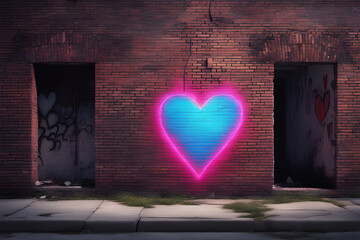 A Neon Heart Adorns an Abandoned Brick Building, pink heart on a wall