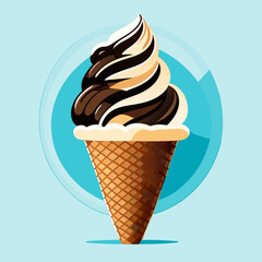 Chocolate Ice Cream in Waffle Cone with blue background. Vector illustration. Generative AI art