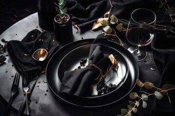 Dishware, menu, and table concept Empty tableware with a black napkin, food styling props, luxurious set for a wedding, event, date, party, or luxury home interior decor brand, holiday design