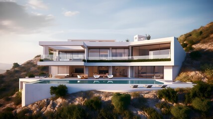 AI generated digital art of a luxurious villa on top of a hill in Crete,Greece