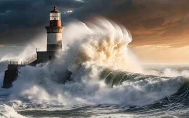 Obraz na płótnie Canvas Waves crashing over a lighthouse. Created with Generative AI technology.