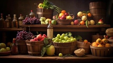 AI generated illustration of a variety of fresh vegetables and fruits in baskets on a wooden table