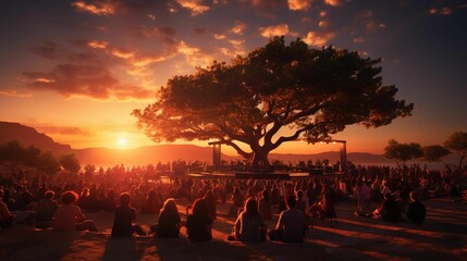 AI generated illustration of a group of people are gathered together, enjoying a beautiful sunset