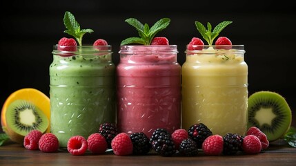 AI generated illustration of refreshing beverages, garnished with fresh fruit on a countertop