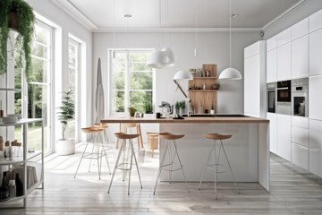 Contemporary minimalist interior design concept idea, all white modern Scandinavian kitchen project with island, stools and pendant lamps, cabinets and accessories,. Generative AI