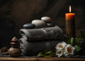 Towel on fern with candles and black hot stone on wooden background. Hot stone massage setting lit by candles. Created with Generative AI technology.
