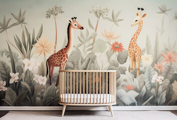 Baby nursery with crib and giraffes mural wallpaper.  Floral mural with safari giraffes.  Nursery design concept.