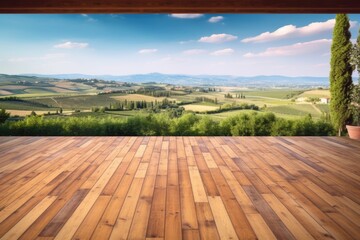 Majestic Vineyard Oasis: Motion Blur Panorama of Wood Flooring and Mountainous Landscape