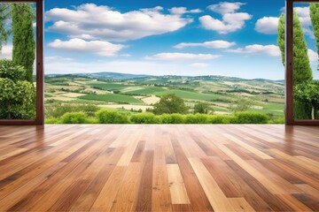 Rustic Elegance in Motion: Wood Flooring and Vineyard Panorama with Panoramic View
