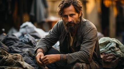 AI generated illustration of a homeless man sitting on a pile of clothes on a city street