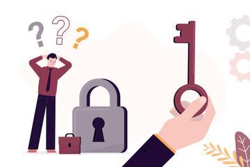 Unhappy businessman stands near giant padlock. Giant hand give key. Overcoming obstacles, unlock new skills. Mentor gives new idea, mentorship, business training, support