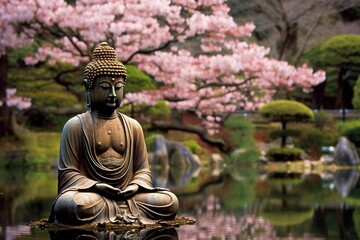 AI generated illustration of a majestic Buddha statue overlooking a tranquil pond of water