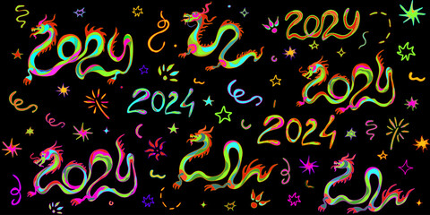 Set of chinese new year 2024 symbols and dragons