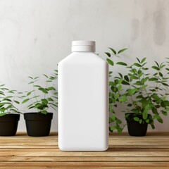AI generated illustration of a white plastic bottle with potted plants in the background