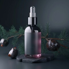 AI generated illustration of an empty purple bottle of face oil on a gray background