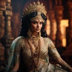 Beautiful Indian princess wearing a traditional dress and ornate gold jewelry. Ai generated