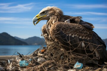 AI generated illustration of an eagle perched atop a pile of litter on the beach shoreline