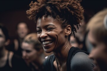 Empowered Harmony: Women Exercising in a Smiling Fitness Class, Capturing the Enchanting Essence with Black Arts Movement Inspiration and Selective Focus