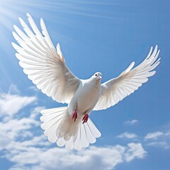 White dove soaring through the sky with its wings fully extended. AI-generated.