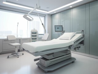 Modern hospital room with a bed, chair, and window. AI-generated.