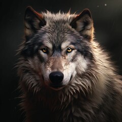 A close-up shot of a majestic grey wolf, standing against black background