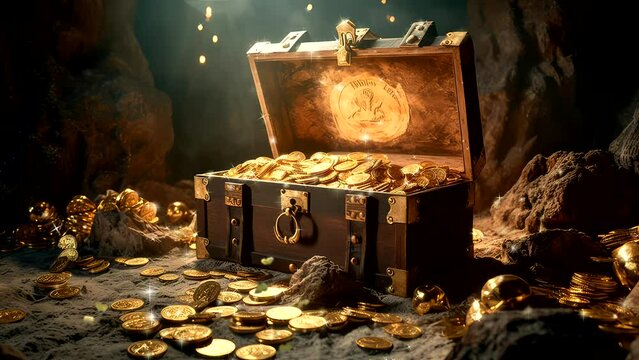 Anime background treasure chest open video full coin gold surrounding video footage beautiful view background looping scenery 4k quality	
