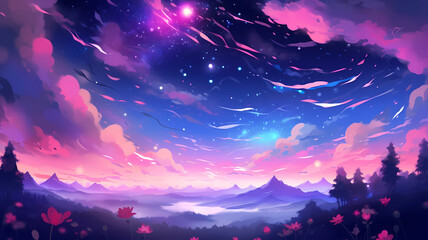 Hand drawn beautiful cartoon night starry sky landscape illustration
