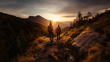 Obraz premium AI generated illustration of two people on the rocky trail of a mountain at sunset