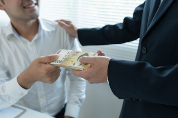 Businessmen receive salary or bonuses Korea won from management or Boss. Company give rewards to...