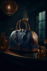 Elegant blue leather purse with golden handles resting on a table. AI-generated.