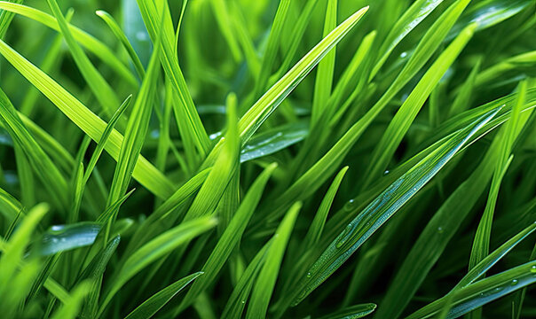 Fresh lush green grass on meadow with drops of water dew. Close-up macro. Generative AI tools