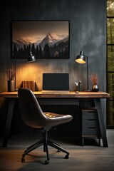 Fototapeta premium modern black computer desk featuring a laptop computer in the foreground, with an empty chair beside